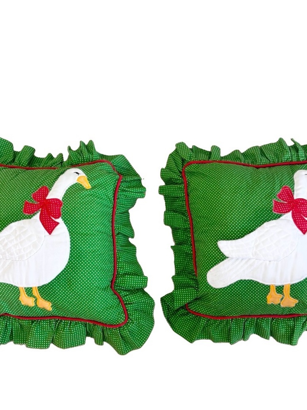 Set of Two Vintage Handmade Quilted Goose Pillows Green and White Polka Dot - Picture 16 of 16